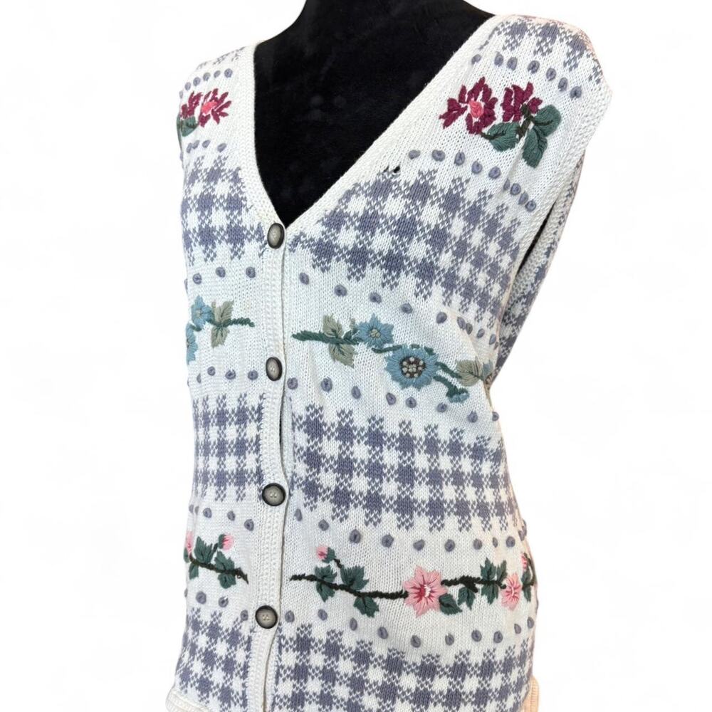 90s Knit Cream Sweater Vest – Cottagecore Floral Embroidered XXL - Picture 4 of 8